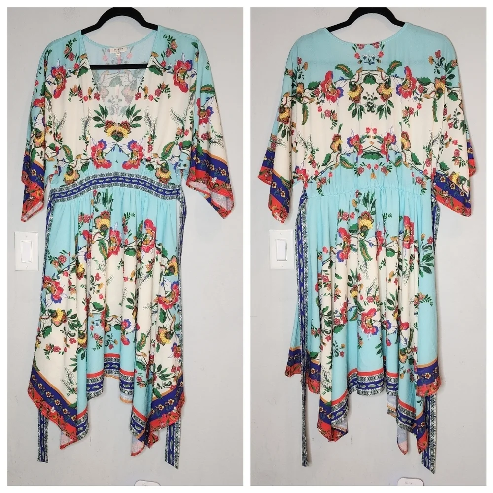 Umgee Kimono Sleeve Hankerchief Hem Blue Printed Boho Dress Stretch Waist Medium - Picture 3 of 13